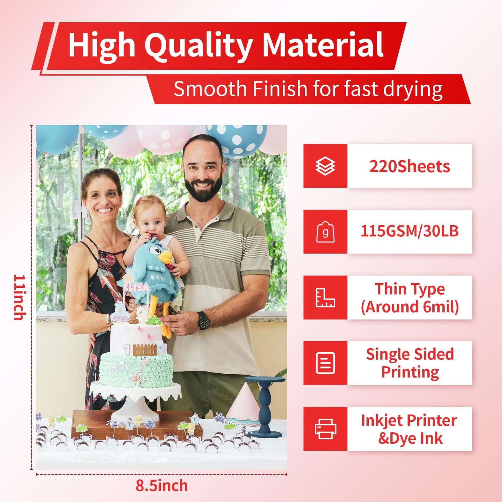 Glossy Thin Inkjet Printer Paper 8.5×11 Inch 115gsm 30Lb Dye Ink 220 Sheets