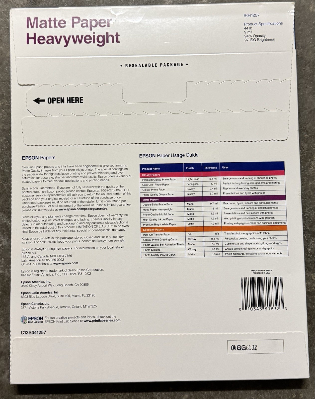 Epson Matte Heavyweight Photo Paper Crafts 8.5″ x 11″ 50 Sheets Non Glare 9 Mil