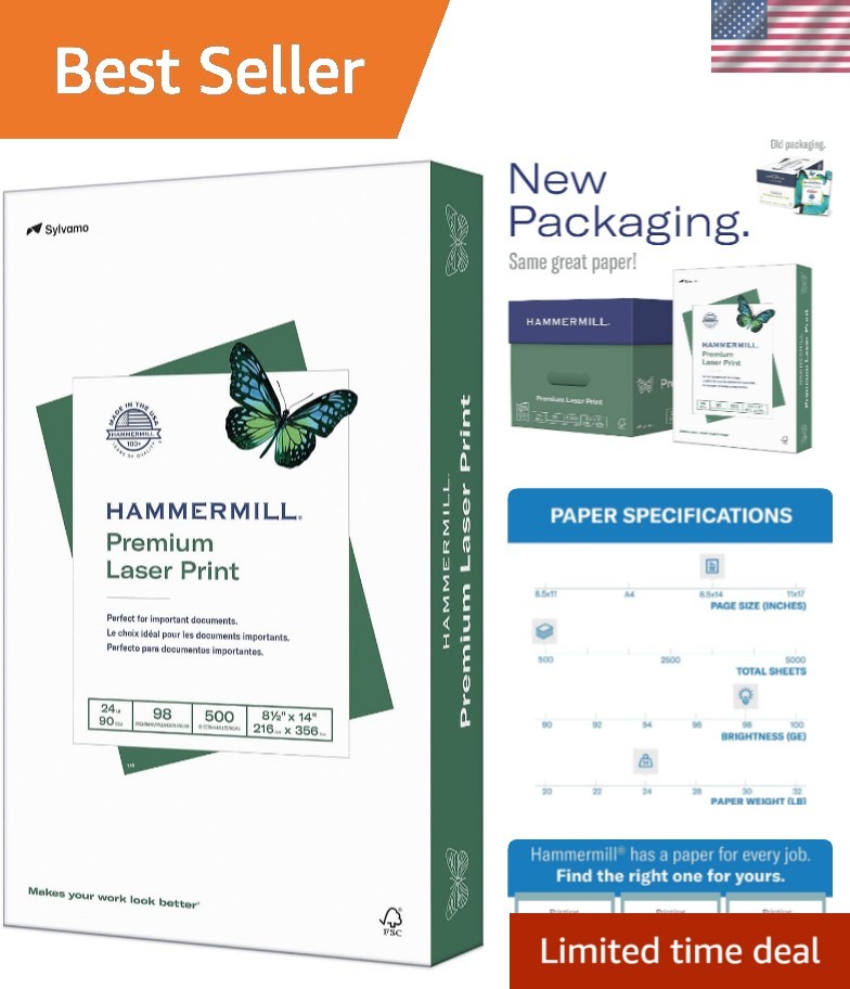 Sustainable 24 lb Legal Size Printer Paper, 500 Sheets, 98 Brightness – USA Made