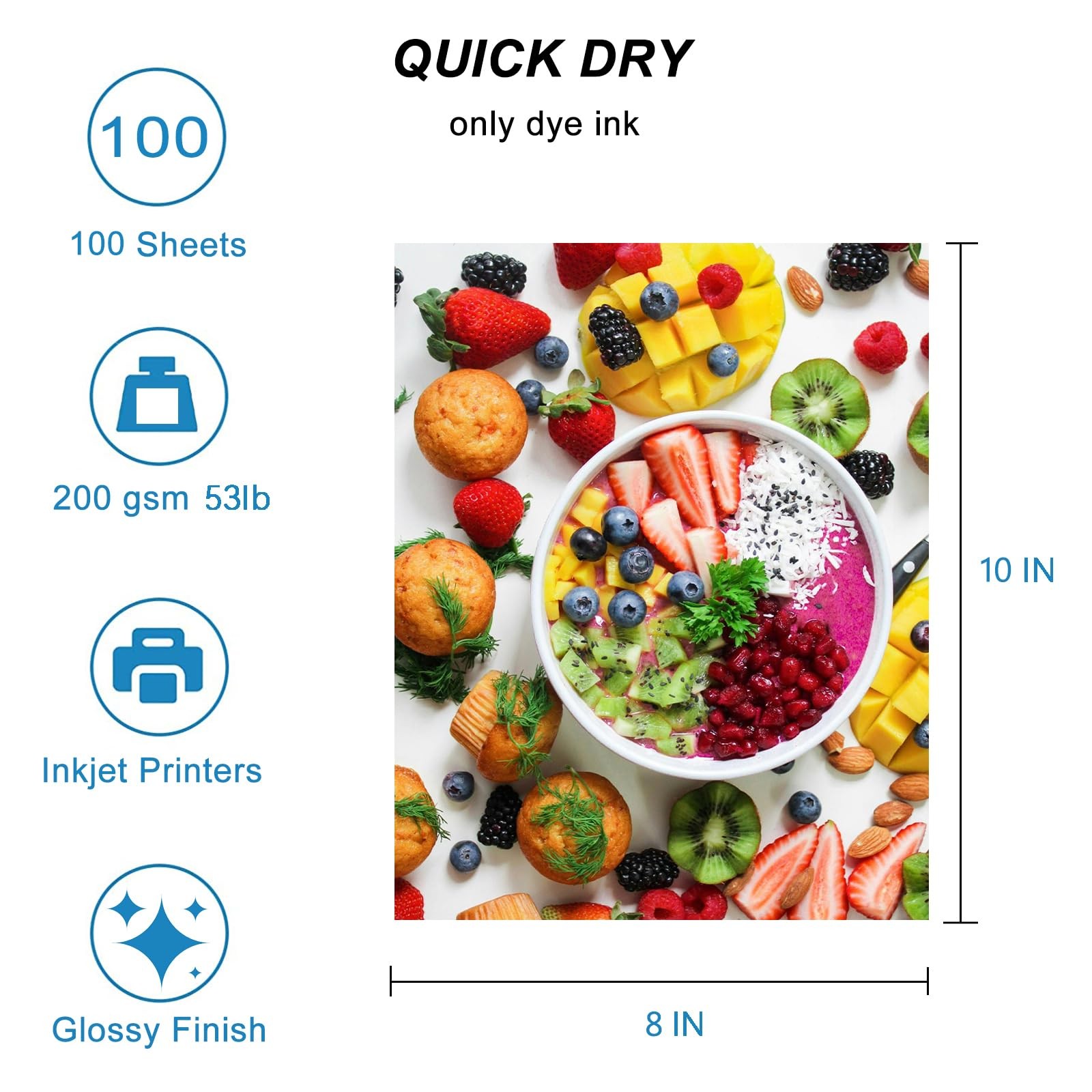 100 Sheets 8×10 In Glossy Inkjet Photo Paper 53lb 200gsm Photographic