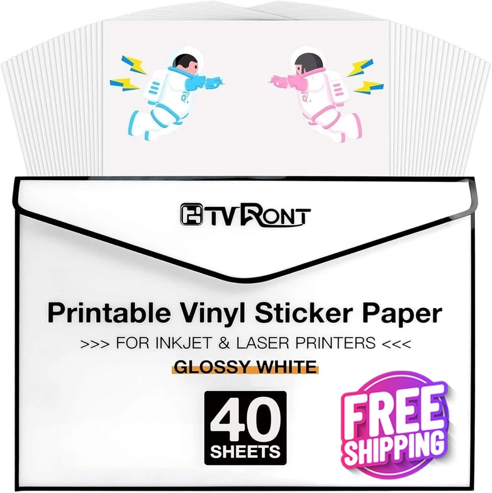 HTVRONT Printable Vinyl Sticker Paper 40 PCS | Glossy White Waterproof 8.5 x 11