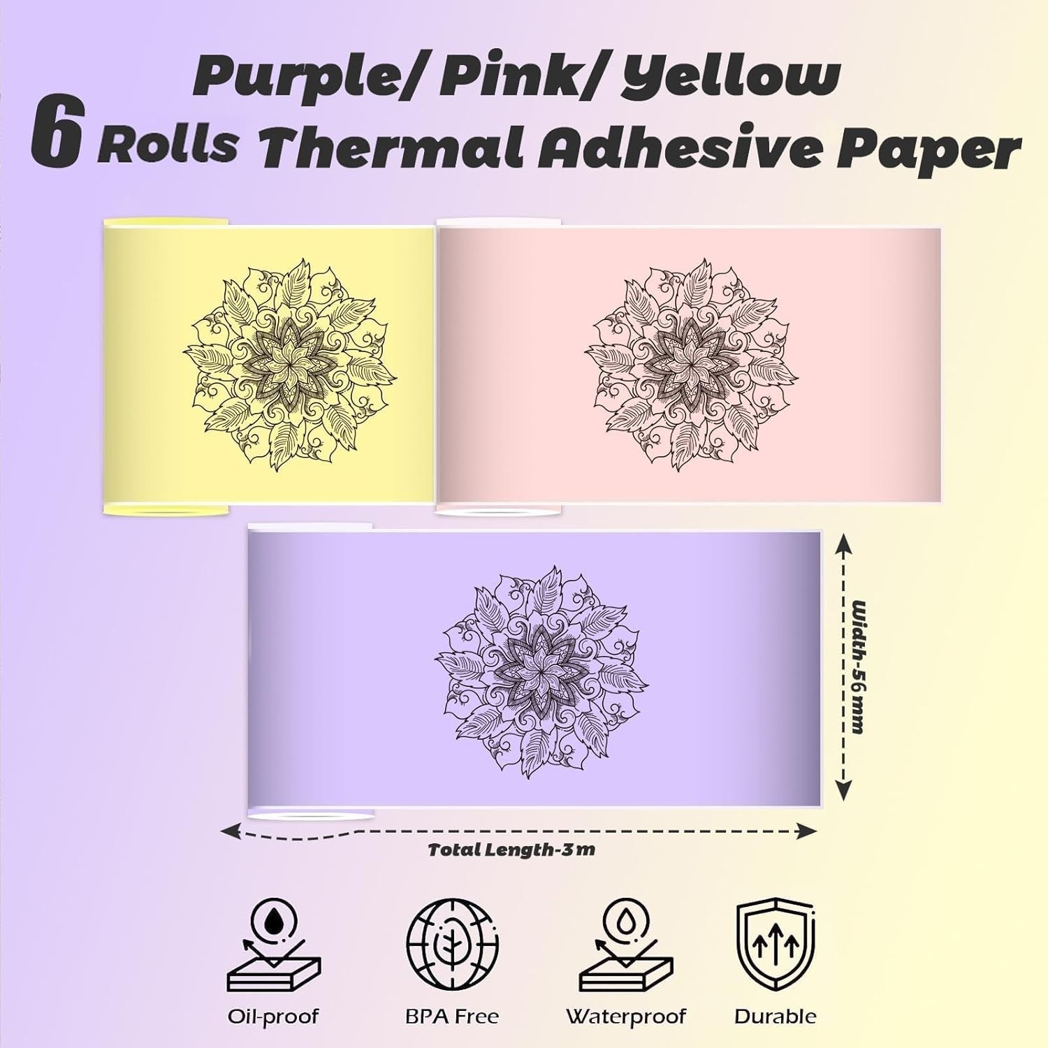 6 Rolls Colored Thermal Printer Paper – Self-Adhesive for DIY Crafts & Labeling