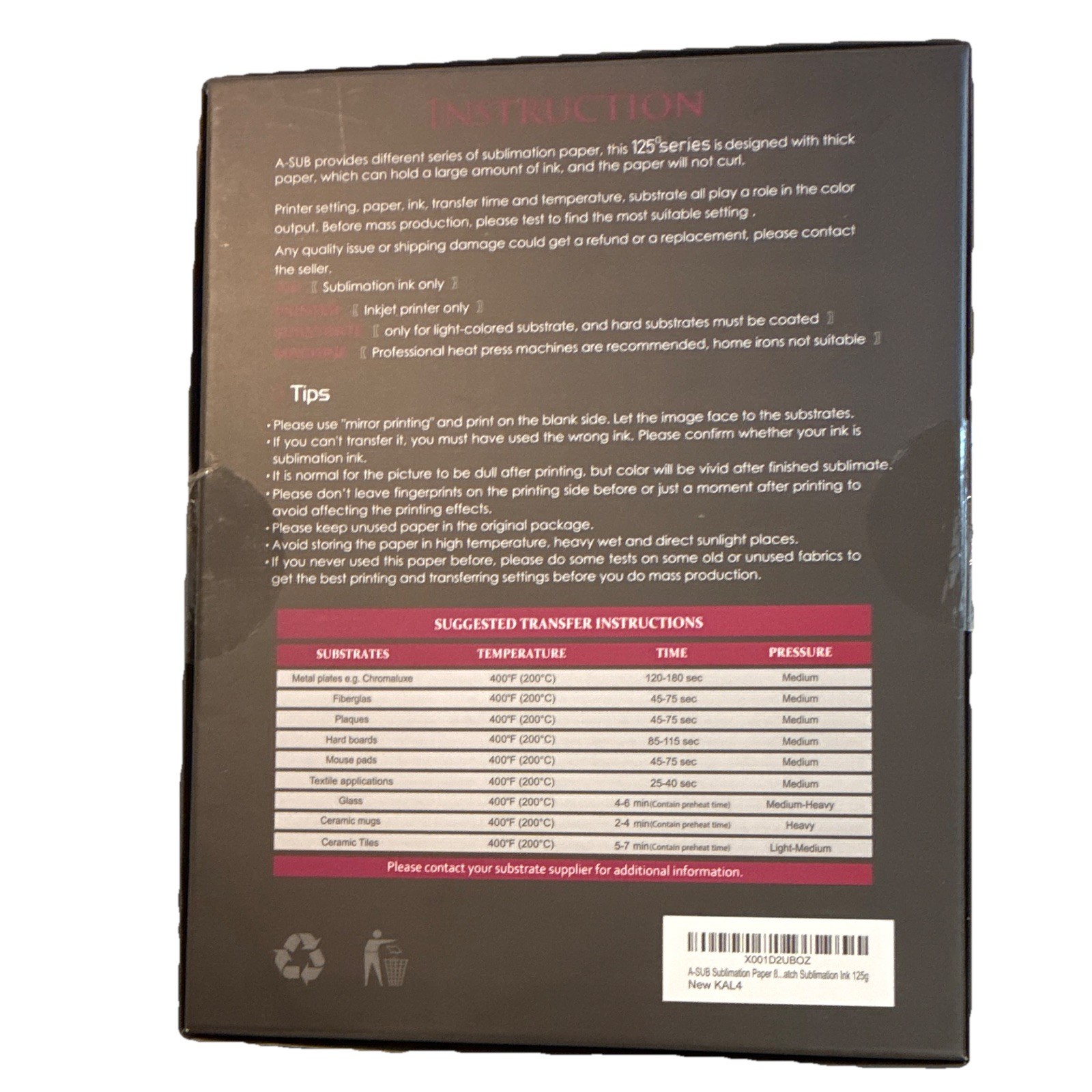 HTVRONT Sublimation Paper 8.5 x 11 in 125g White Inkjet for Epson