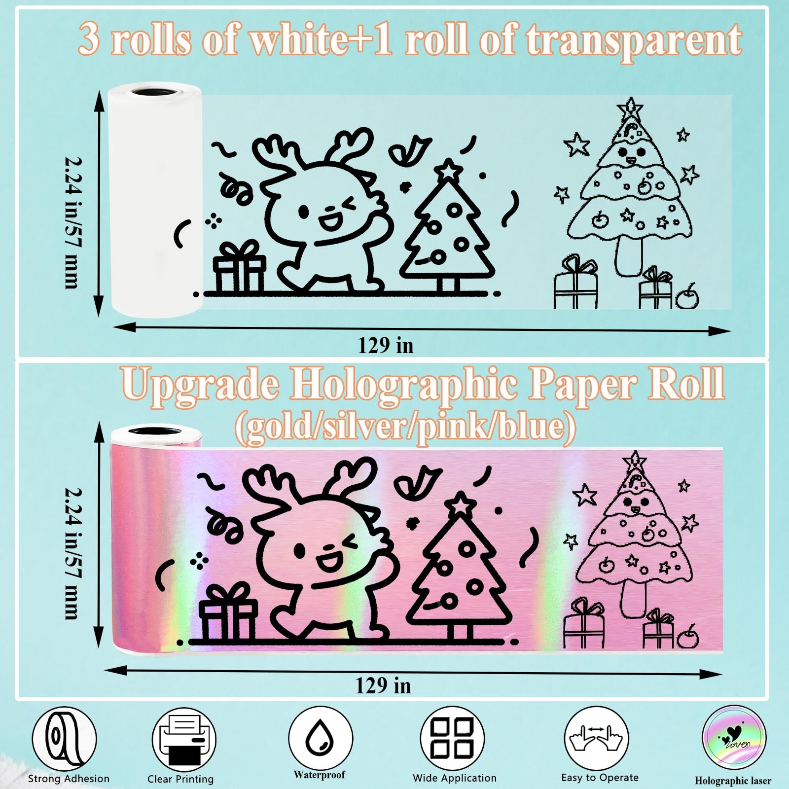 8 Pack Mini Printer Roll – Holographic Pink/Blue/Silver/Gold + 3 White + 1 Cl…