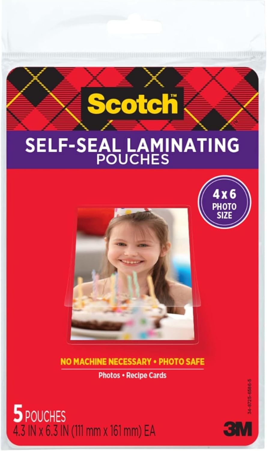 Self-Sealing Laminating Pouches, Gloss Finish, Photo Size 4 x 6 Inches, 5/Pack