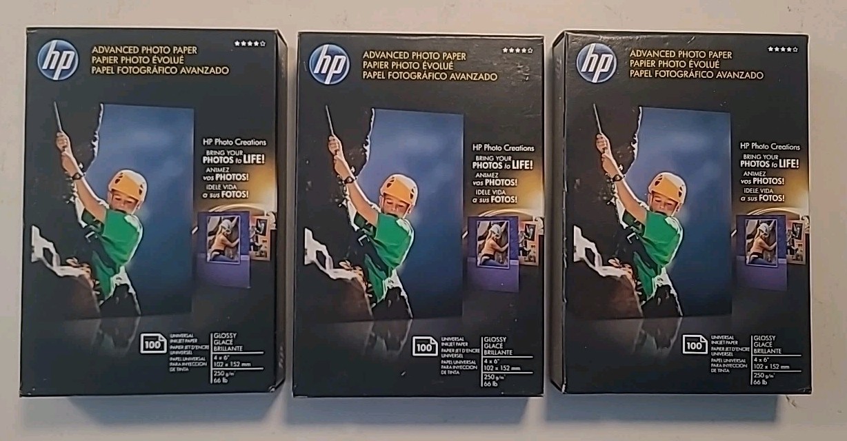 3 HP Advanced Photo Paper. 4”x6” Glossy 100 Sheets Each New Germany (B2-G12)