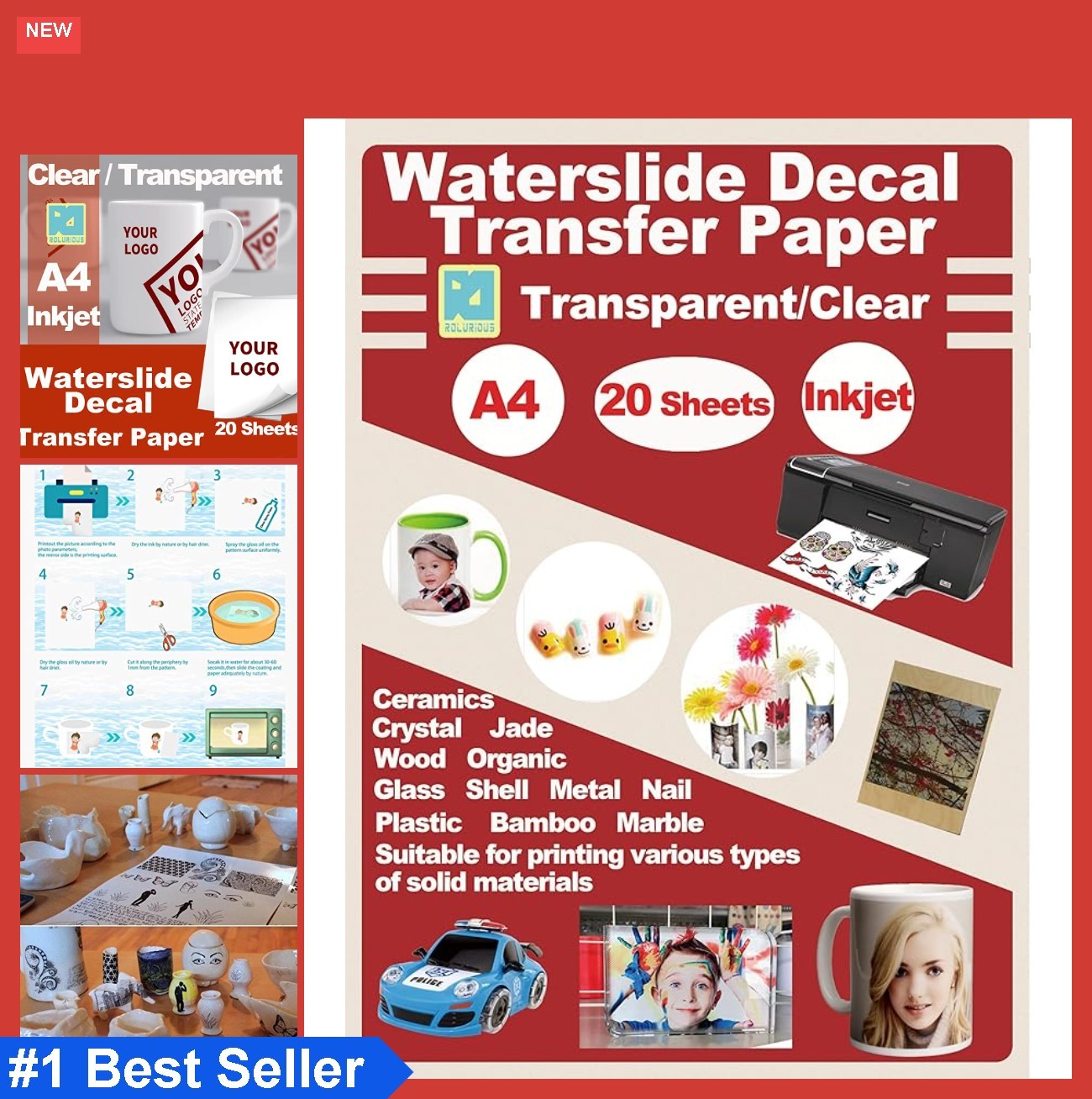 Waterslide Decal Paper 20 Sheets Clear A4 Inkjet Printer Only for Mugs Glass