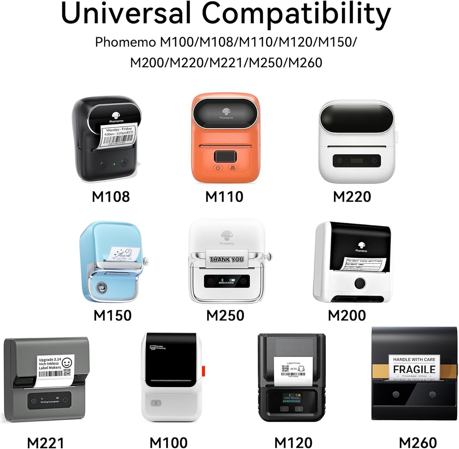 M110 Label Printer Paper, White Self-Adhesive Thermal Paper, Compatible with M11
