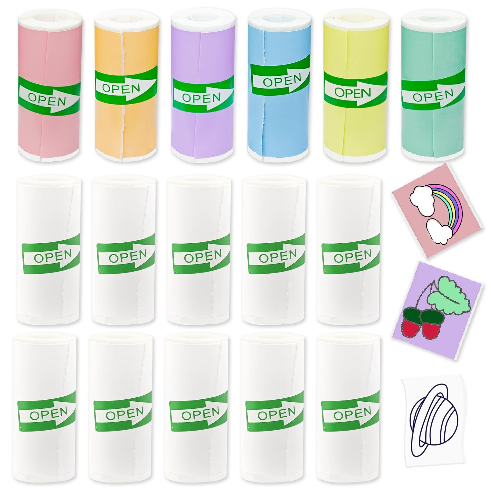 16 Rolls Self-Adhesive Mini Printer Sticker Paper – 10 White & 6 Colorful Labels