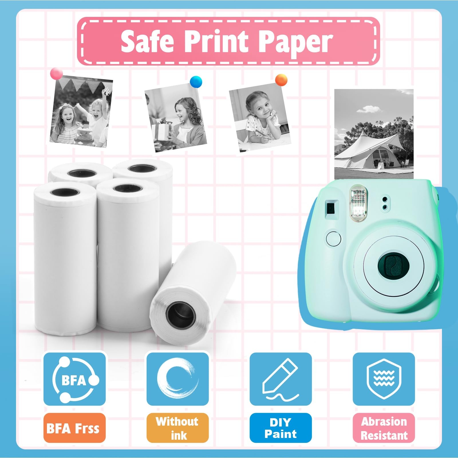 Thermal Paper, 12 Rolls Kids Instant Camera Refill Print Atnadov White
