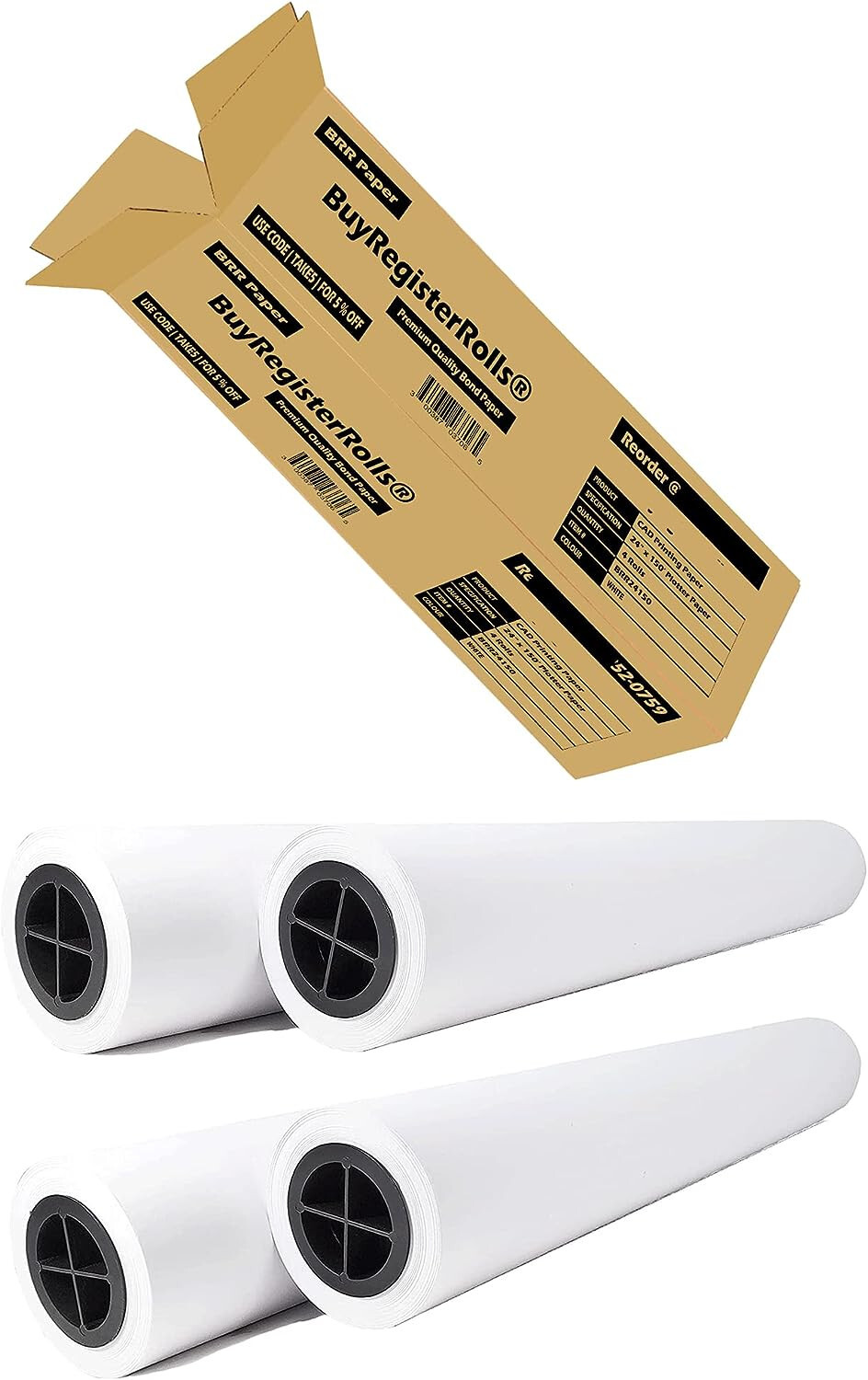24” x 150′- 4 ROLLS 20lb plotter paper CAD Wide Format Rolls Top Notch Quality