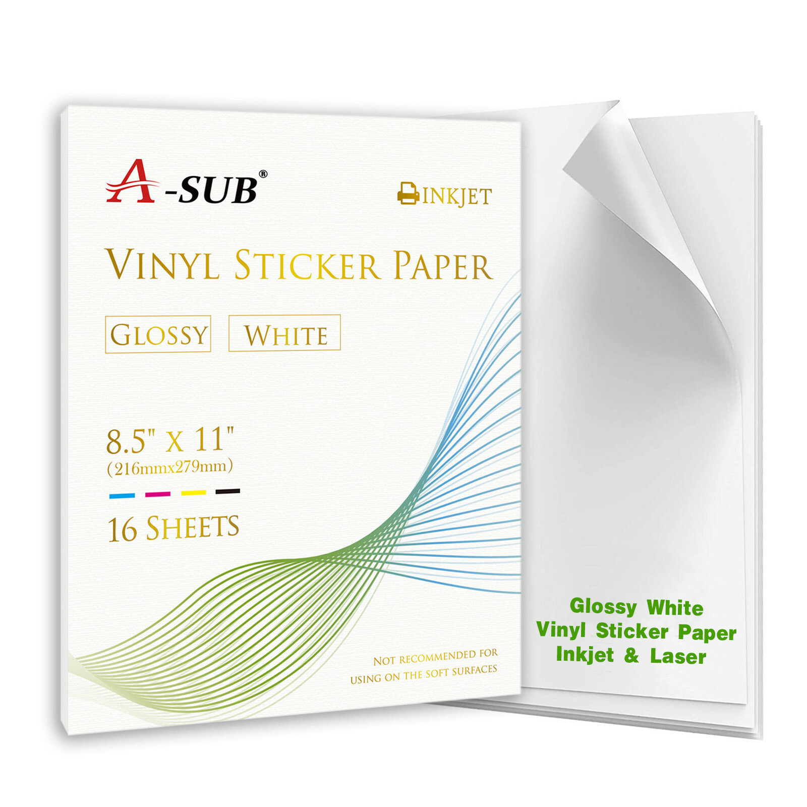 A-SUB Printable Vinyl Sticker Paper Glossy White Waterproof Sticker Sheets 50PK