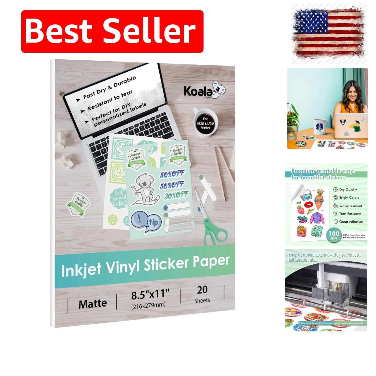 Koala Printable Vinyl Sticker Paper for Inkjet Printer – 20 Sheets Matte Whit…