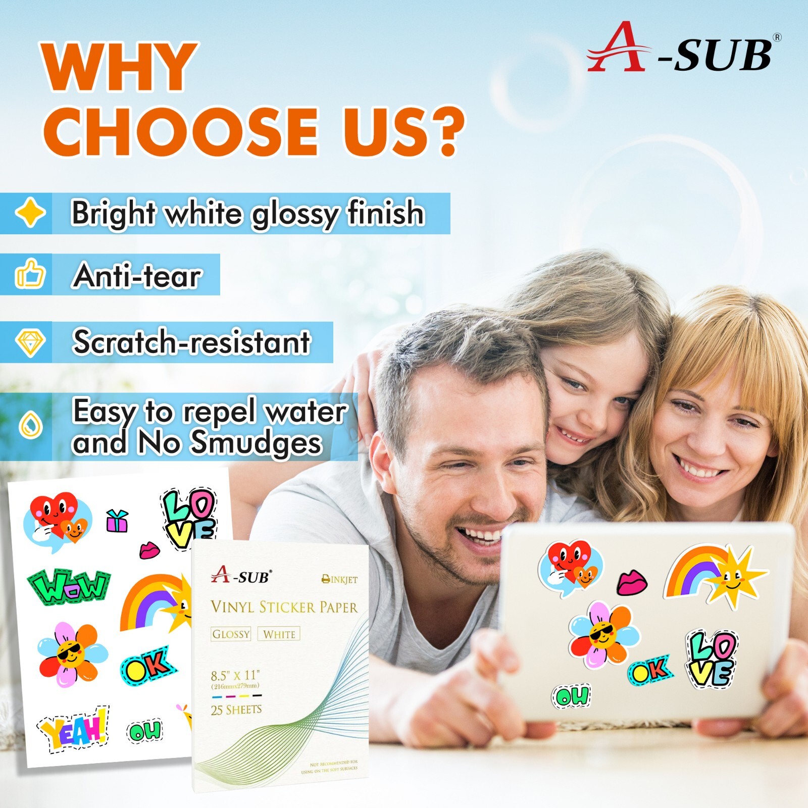 A-SUB Printable Vinyl Sticker Paper Glossy White Waterproof Sticker Sheets 50PK