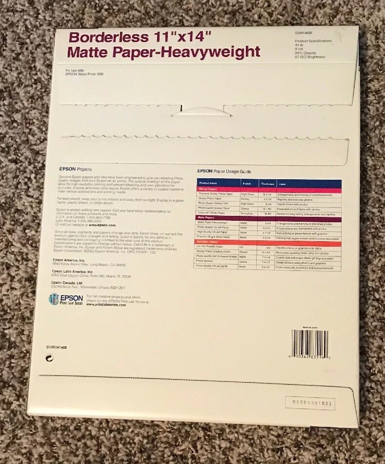 Epson s041468 Borderless 11”x14” Matte Paper- Heavyweight Open Box 37 Sheets