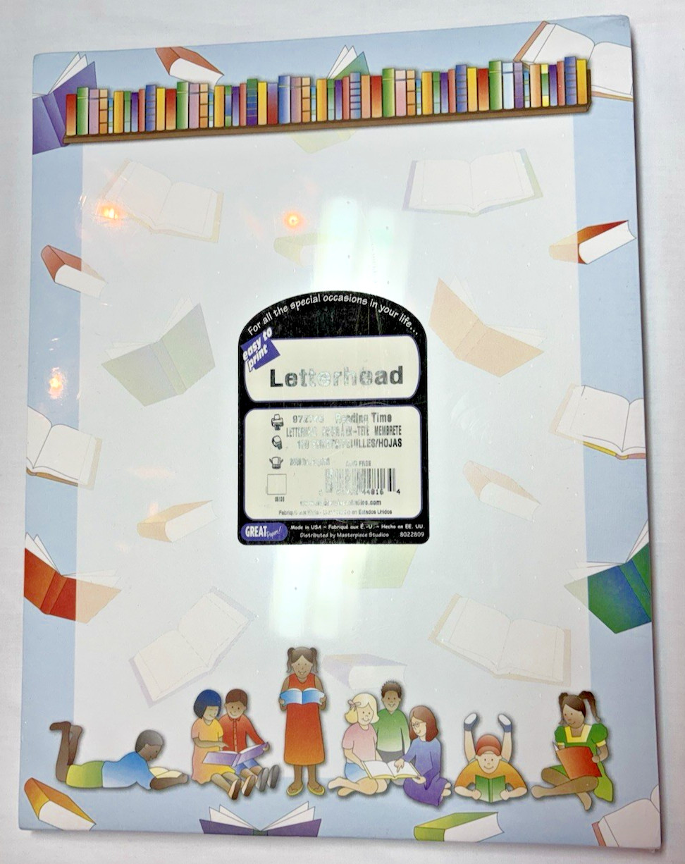 Books on Shelf, Children w/books Letterhead Printer Paper 8.5”x11” 100 Sheets A8