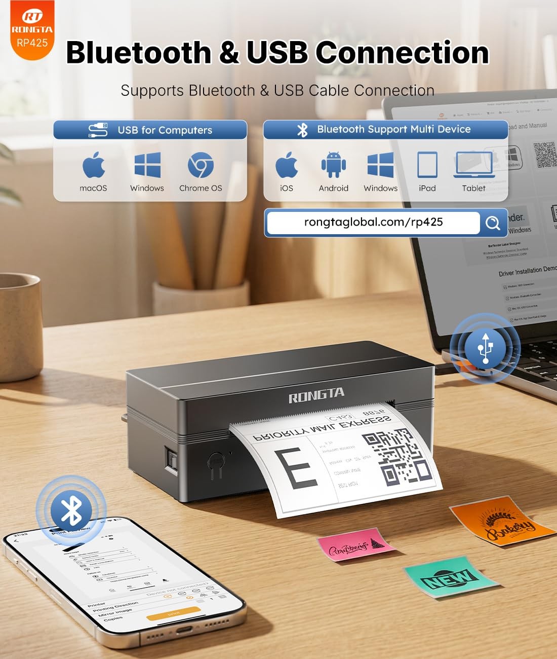 Rongta Bluetooth Thermal Shipping Label Printer, Wireless 4×6 Small, Black