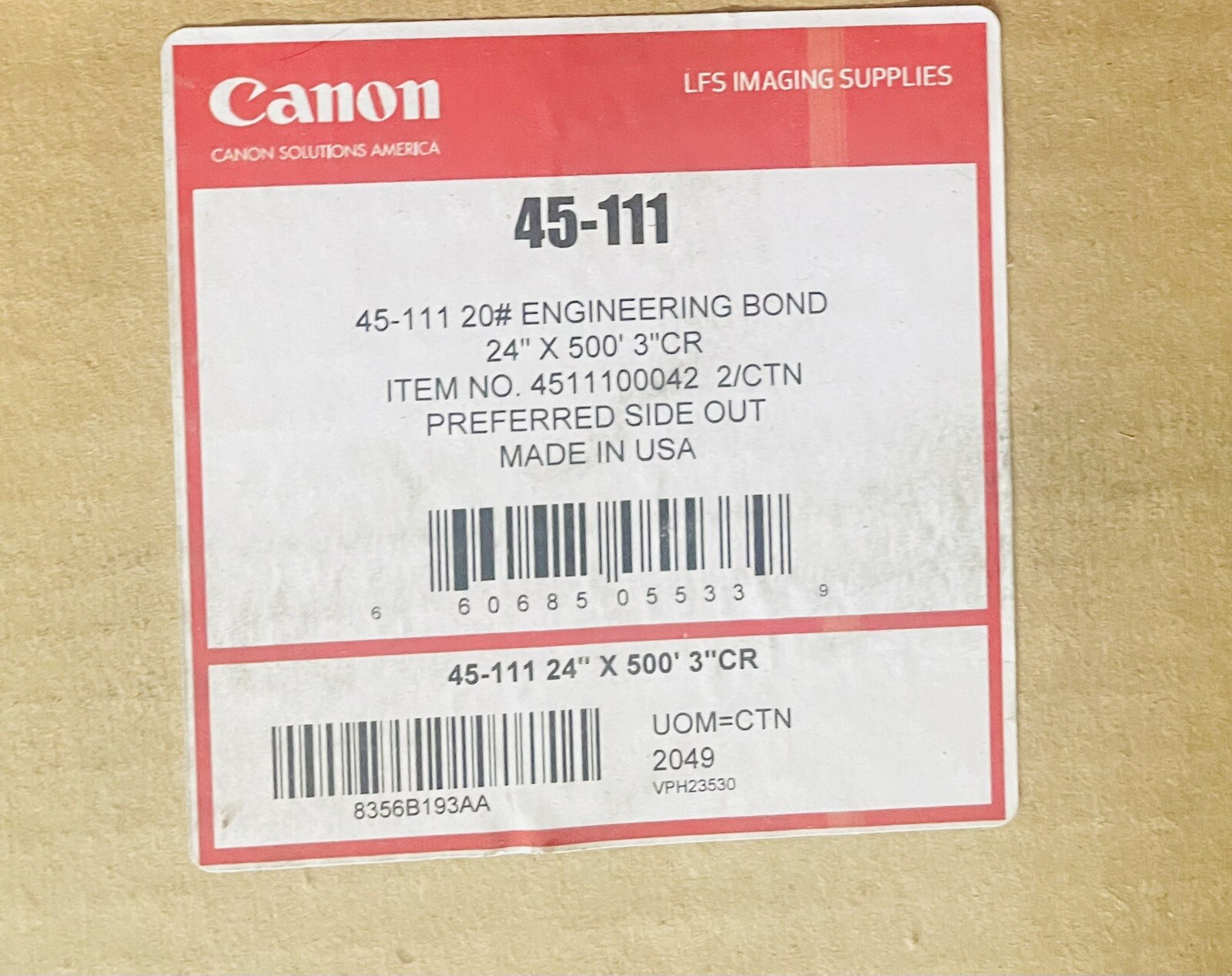 Canon Engineering Bond Paper 24″ x 500′ 2 rolls 4511100042 ✅ NEW!