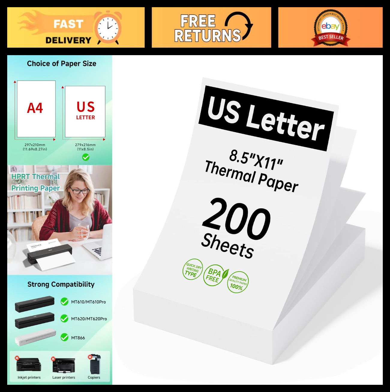 8.5×11 Thermal Printer Paper – 200 Sheets, Compatible with Portable Printers
