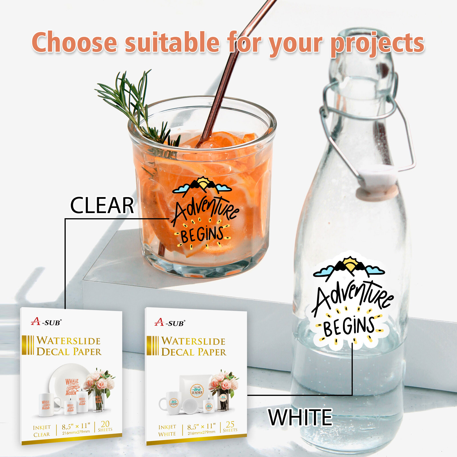 A-SUB 20 Sheets Inkjet Clear Waterslide Decal Transfer Paper 8.5×11 DIY Tumbler
