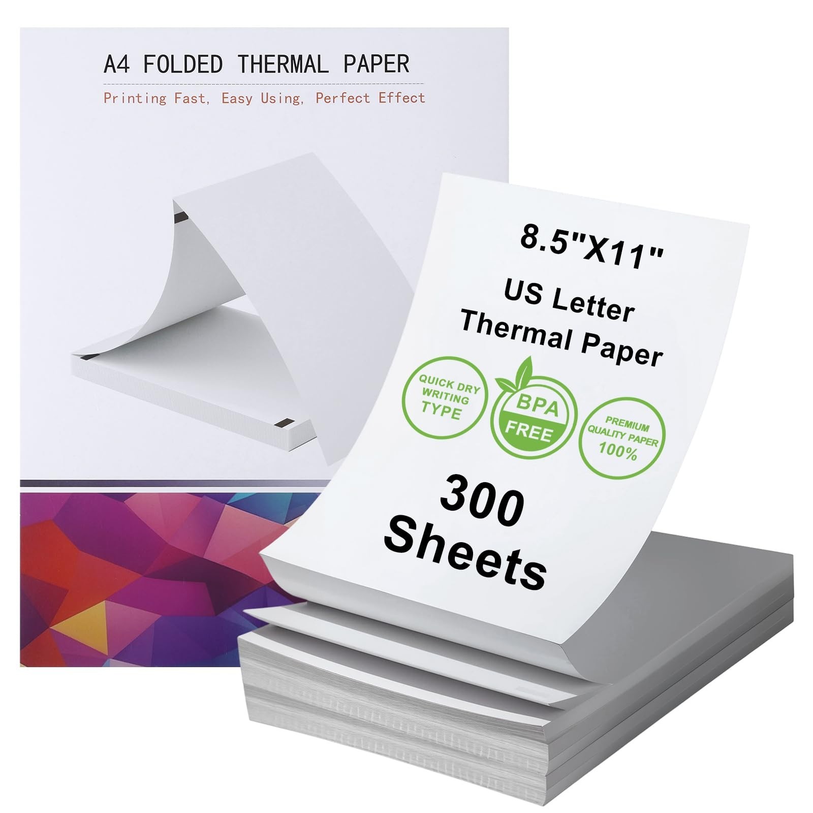 8.5×11 A4 Thermal Printer Paper – BPA/BPS-Free, Continuous, 300 Sheets, Compatib