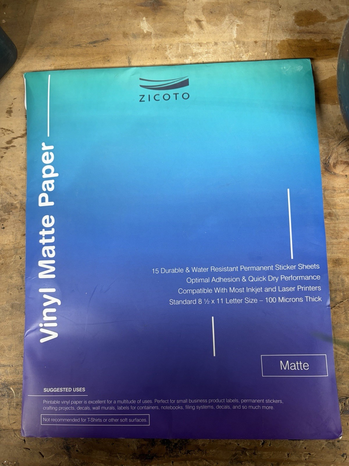 ZICOTO Vinyl Matte Paper Letter Size 15 Sheets White Inkjet Laser Compatible