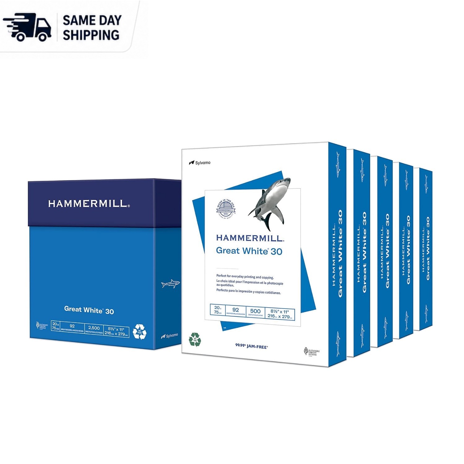 500 Sheets x 5 Reams of Great White 30% Recycled Paper – Jam-Free, Glossy Finish