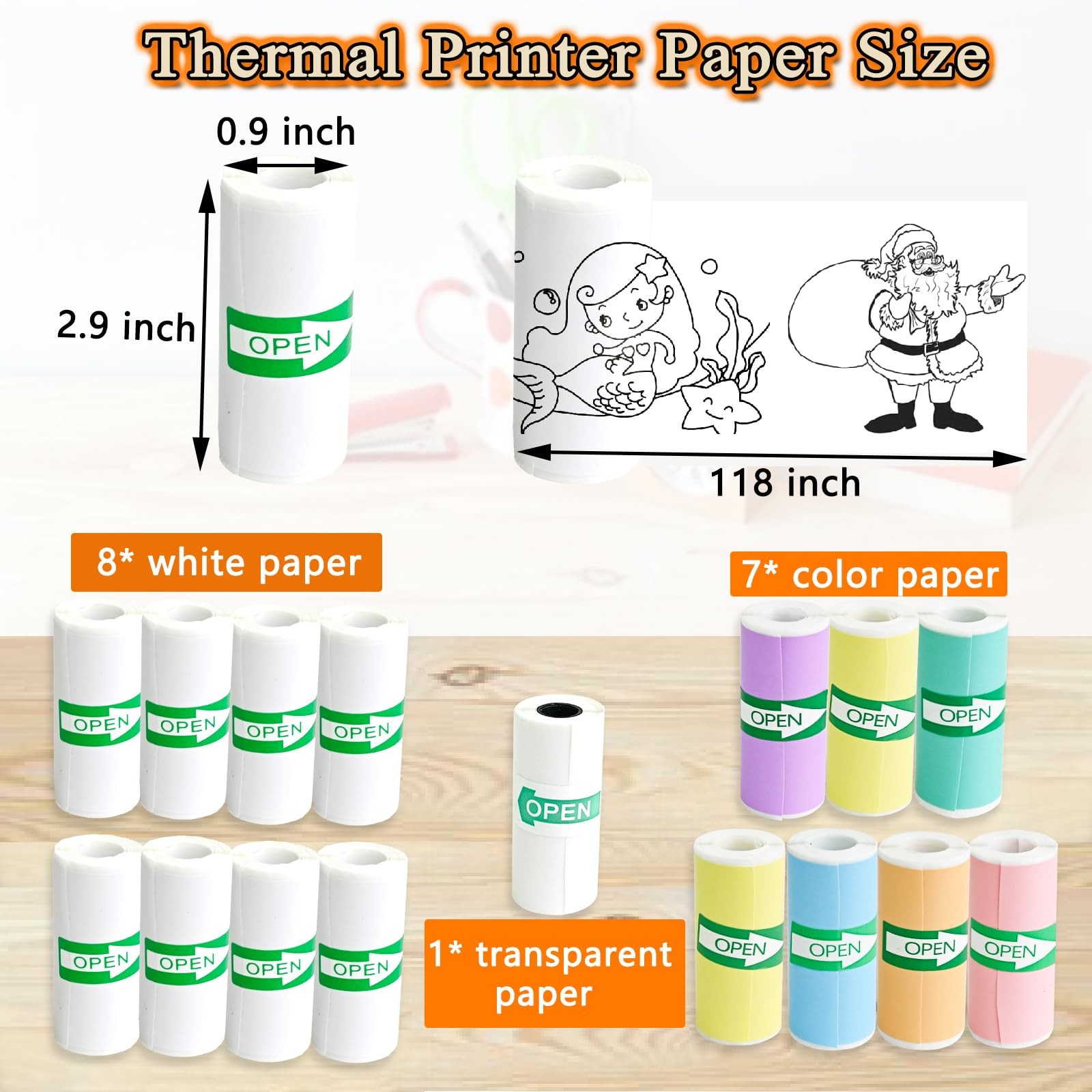 Mini Printer Sticker Paper 16 Rolls 57x25mm – 7 Colored, 8 White, 1 Transparent