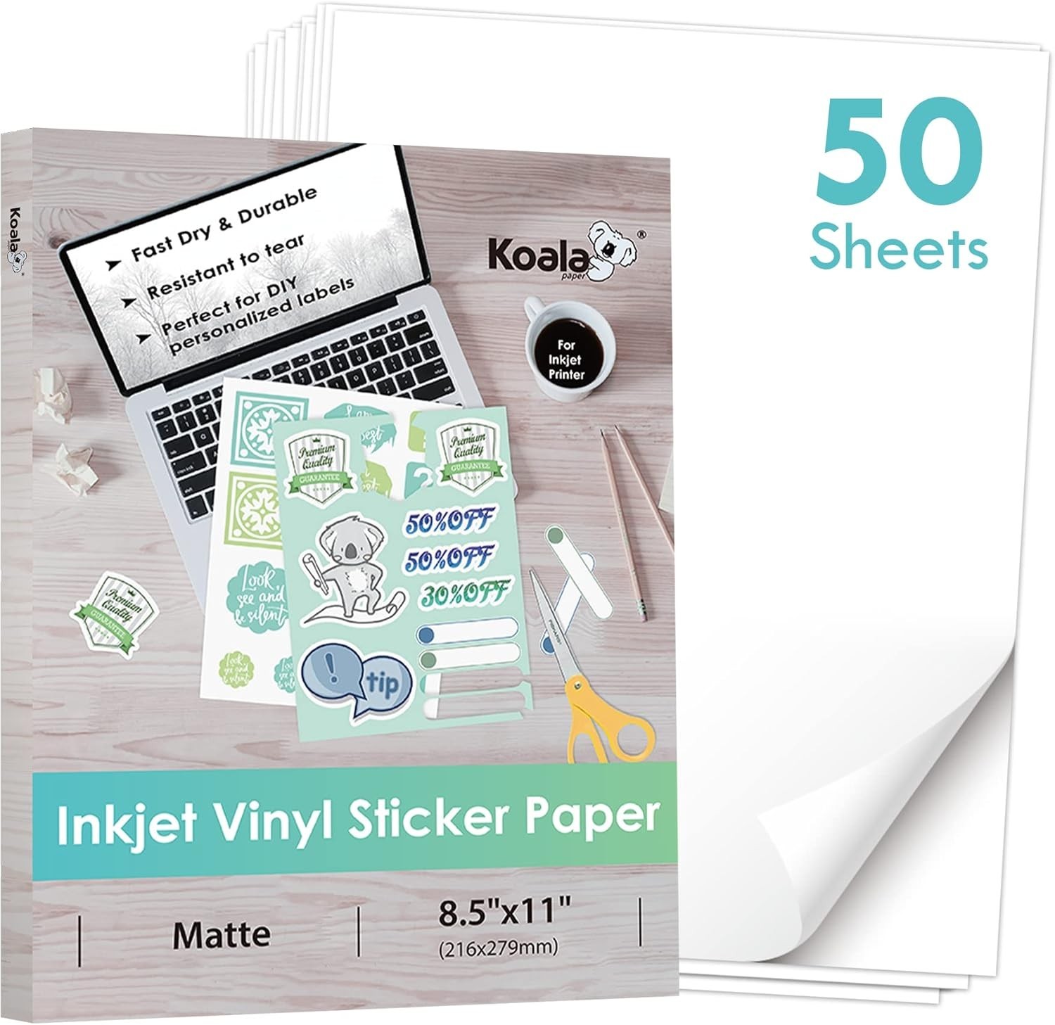 Koala Printable Vinyl Sticker Paper for Inkjet Printer – 50 Sheets Matte Whit…