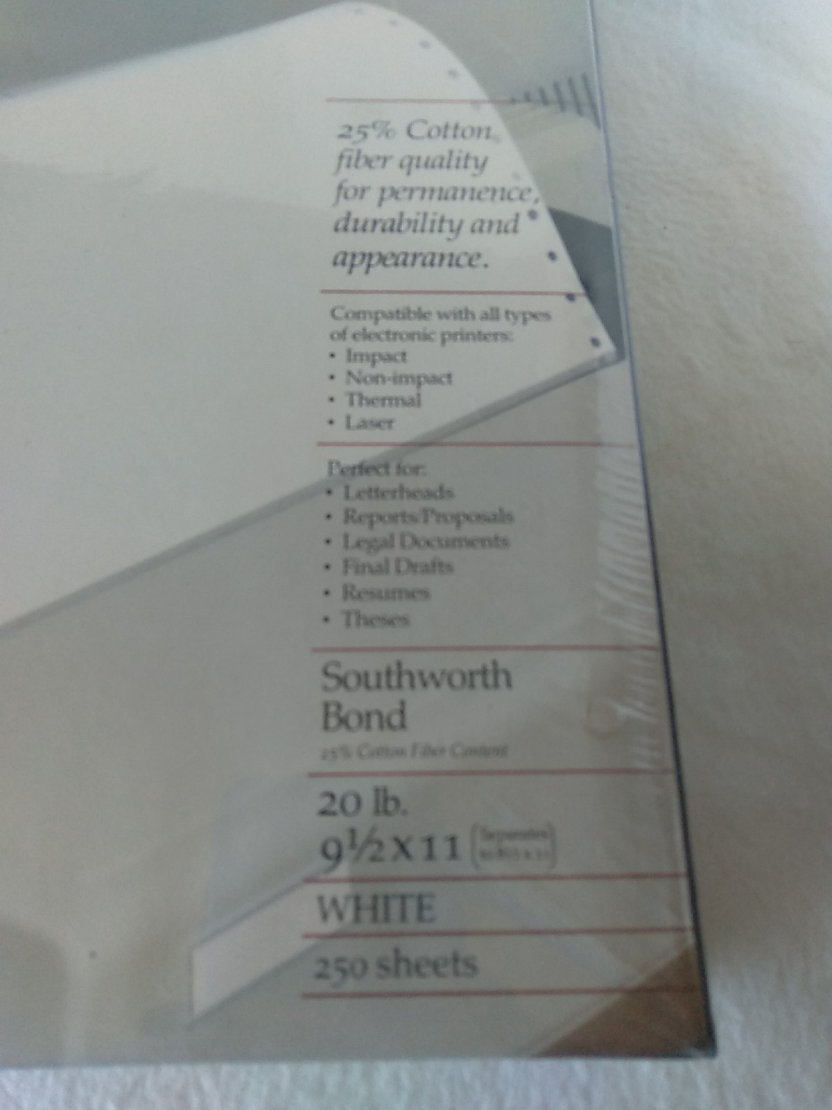 Southworth – Watermark Continuous 25% Cotton Fiber Content Paper JCL353C – NEW