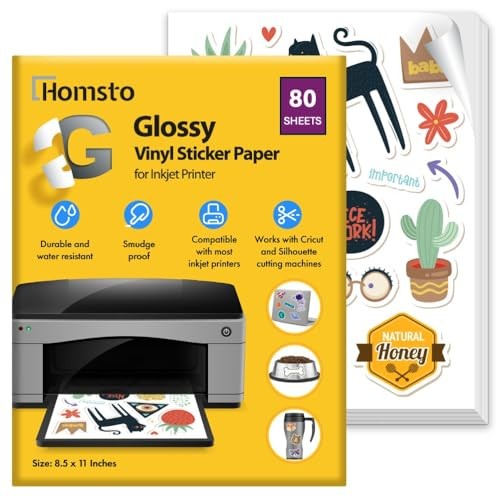 Glossy Vinyl Sticker Paper for Inkjet Printer – Waterproof Printable 80 Sheets