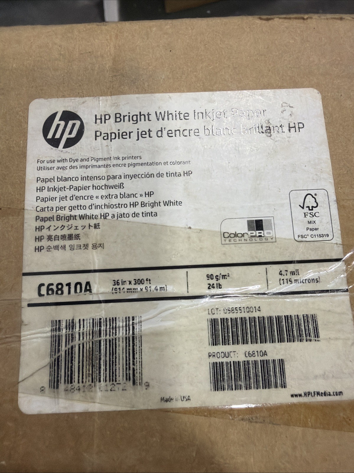 HP Bright White C6810A Inkjet Paper 36×300 Roll 4.7 mil Open Box New
