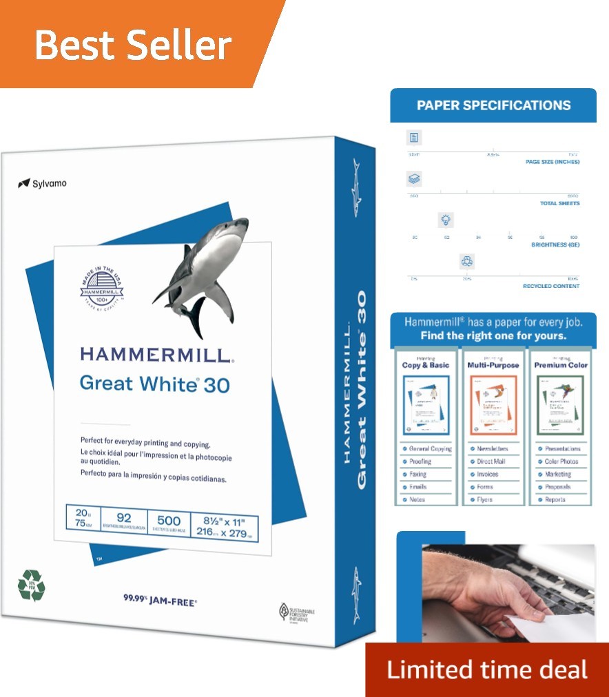 High-Quality Great White Printer Paper, 500 Sheets, 30% Recycled, 92 Bright
