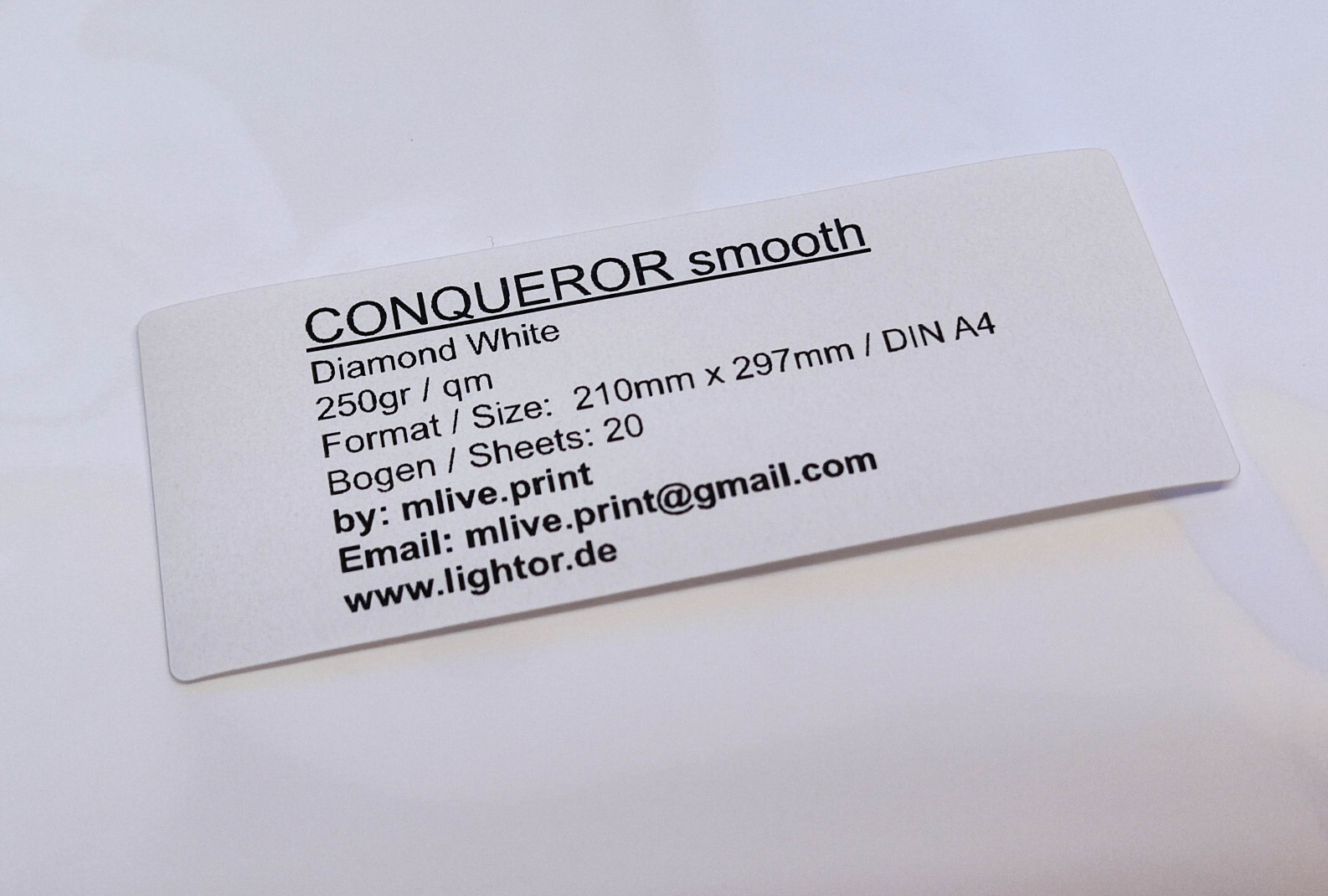 20 Sheets CONQUEROR Smooth Fine DIAMOND White A4 250g Double Sided Printing
