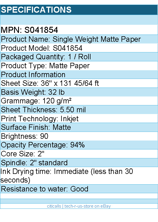 Epson S041854 Single Weight Matte Paper – 90 Brightness – 94% Opacity