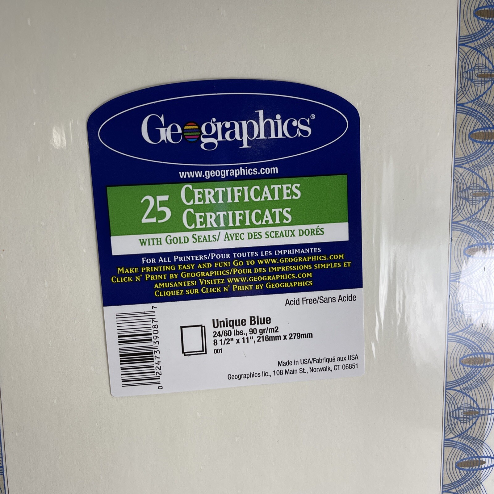 2 -25 Ct Geographics Unique Blue Certificates & Optima Gold & Seals 8-1/2″ x 11″