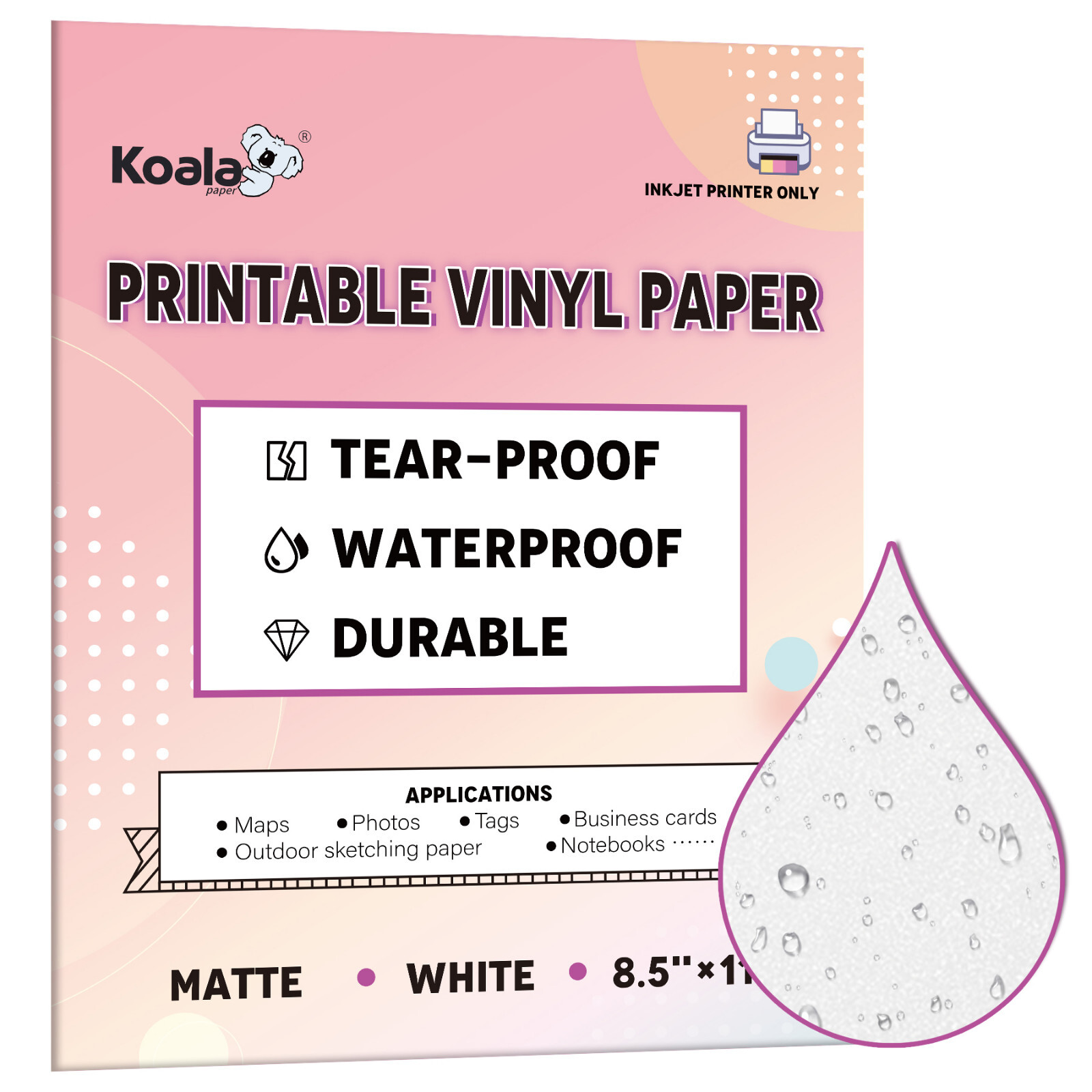 Koala Waterproof Printable Vinyl Printer Paper 8.5×11 Matte White Inkjet 150Pk
