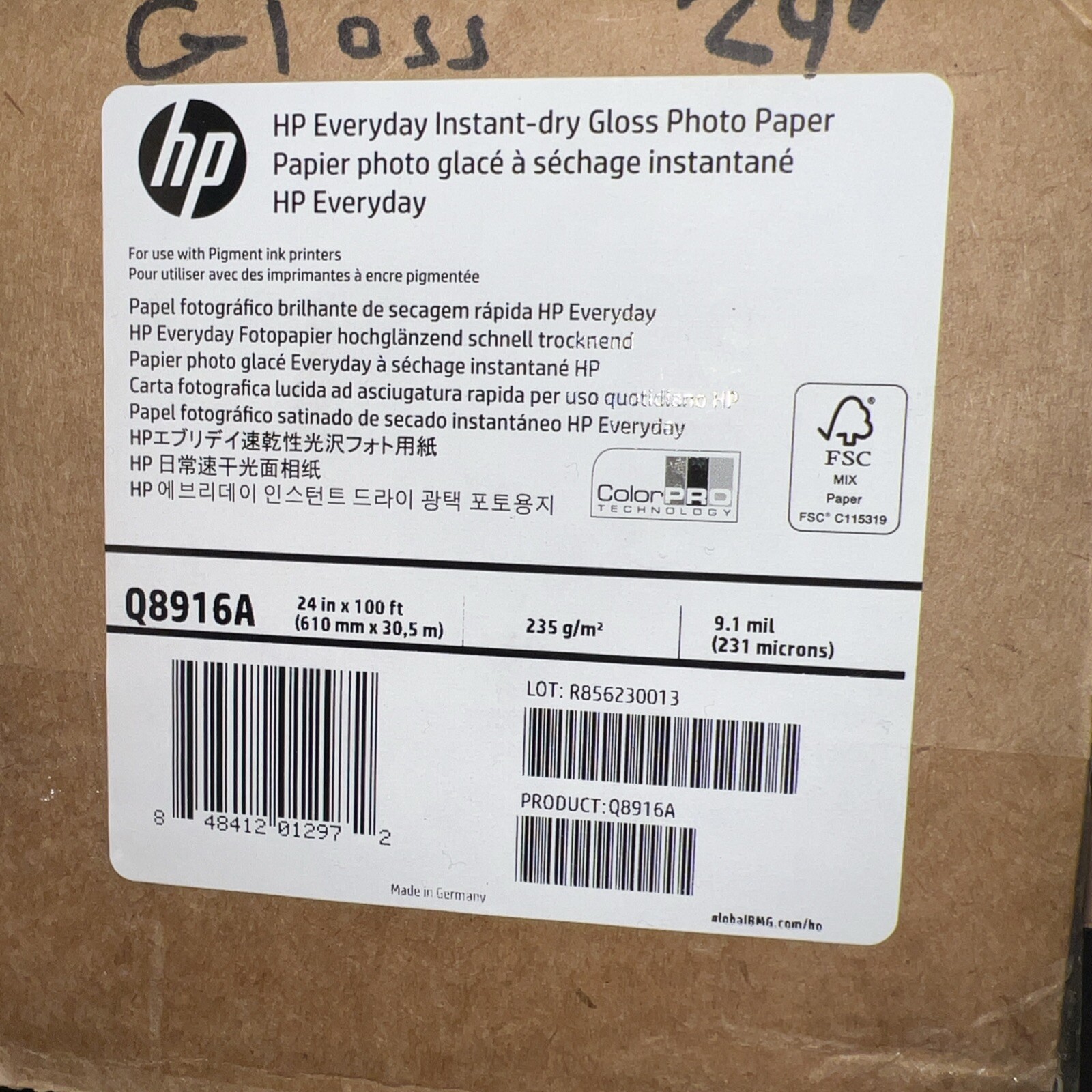 Hp Everyday Pigment Ink Photo Paper Roll Glossy 24″ x 100 ft Roll Q8916A