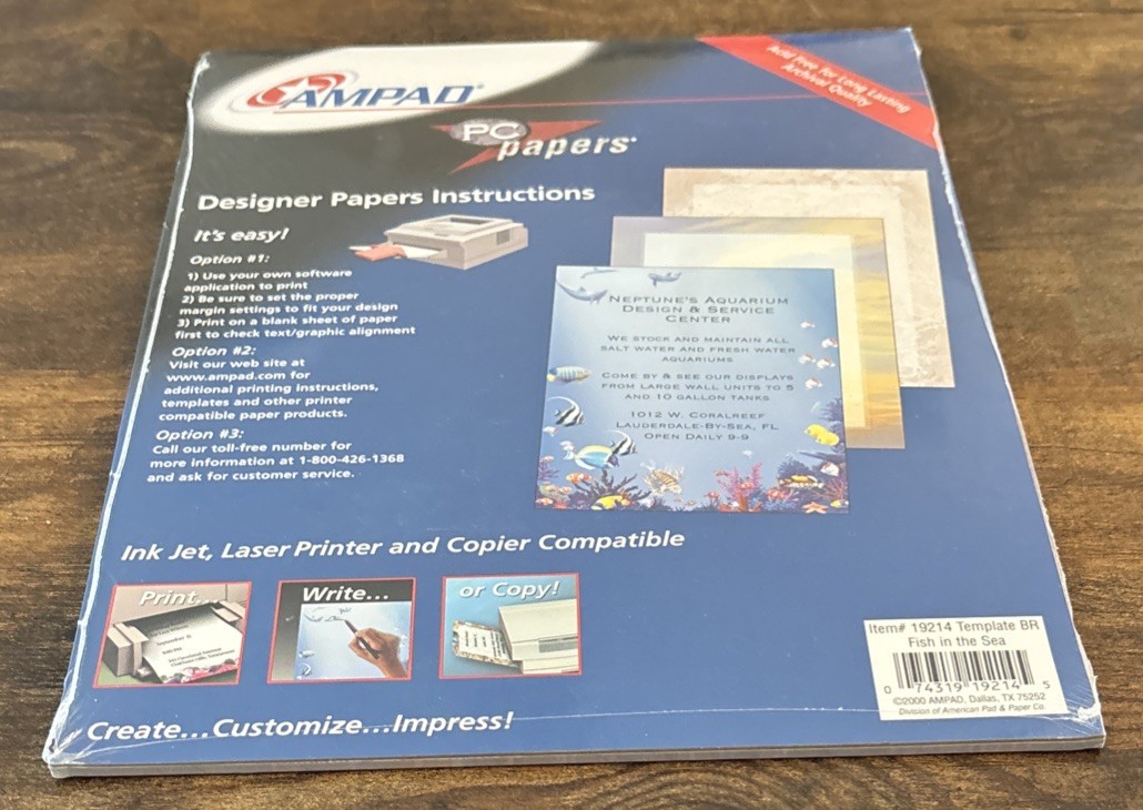 AMPAD 1-Pk Of 25 Sheets “Fish in the Sea” Designer PC Papers Printer 8.5×11