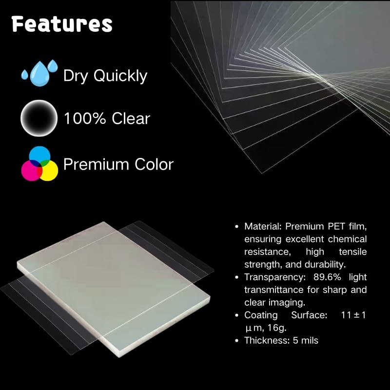 50 PCS Inkjet Transparency Film 8.5×11 Inch Screen Printing Clear Art Paper