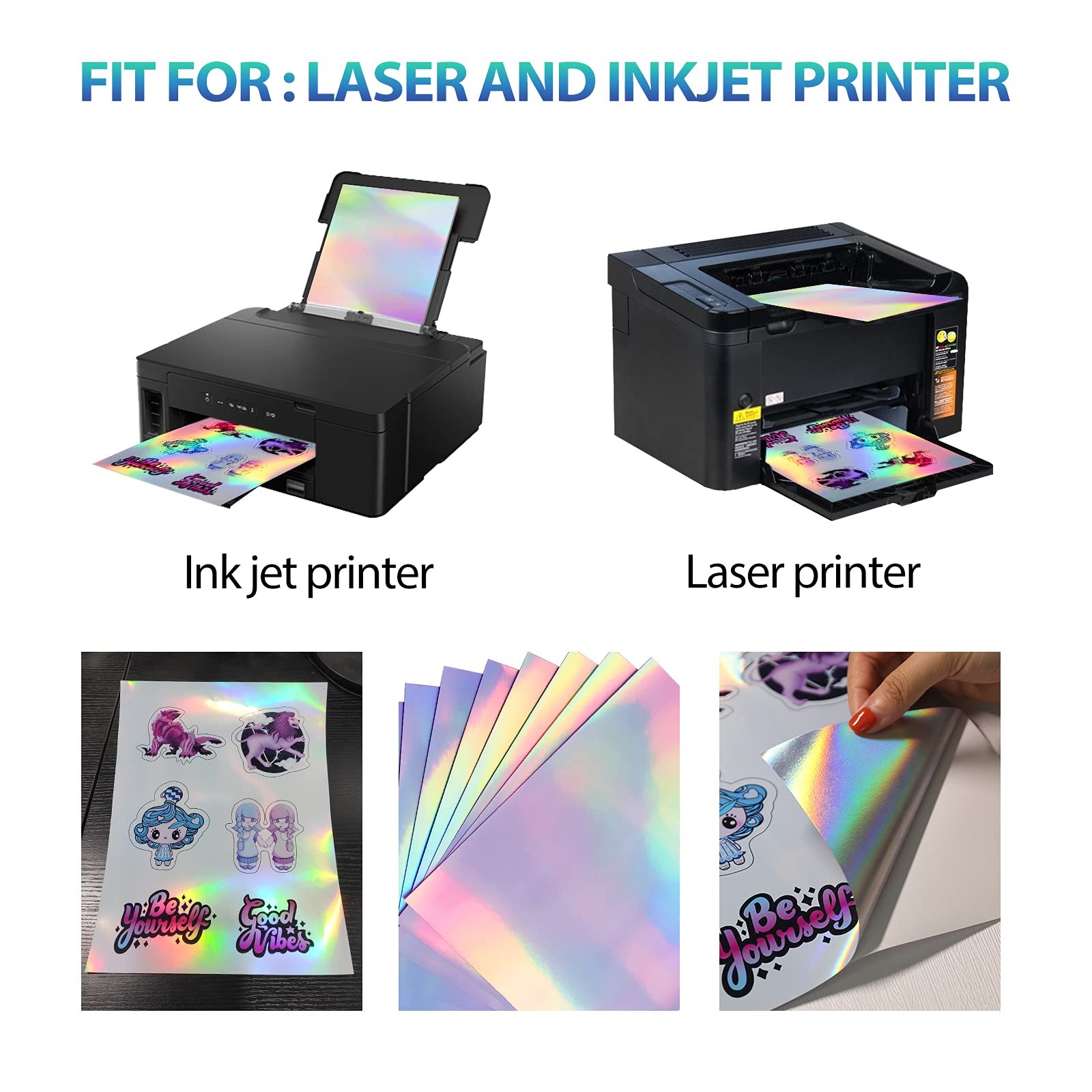 50 Sheets Holographic Sticker Paper for Inkjet & Laser Printer- 8.5×11 inch