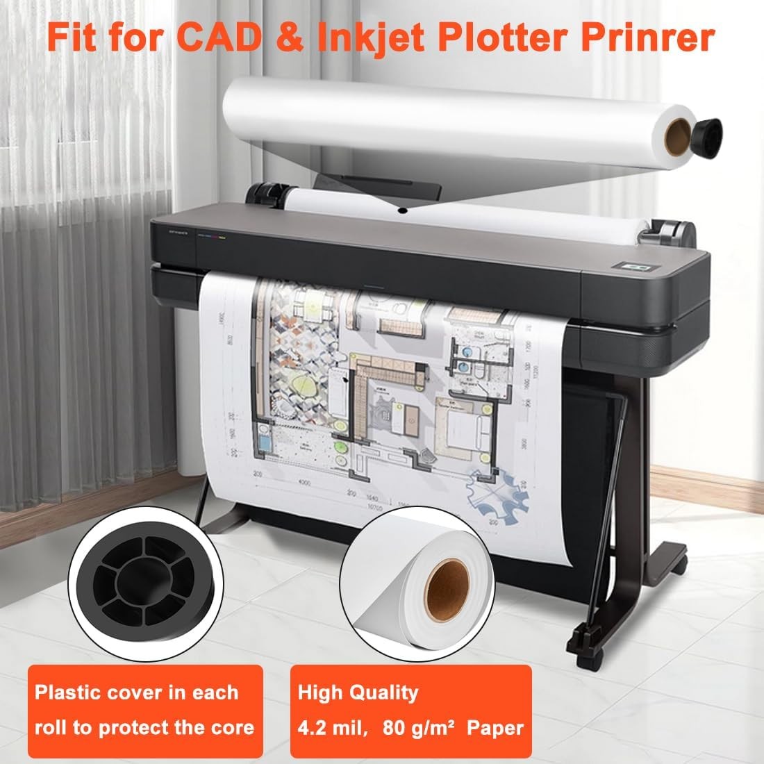 Wide Format Plotter Paper 24″ x 150′ 20LB Inkjet Bond Rolls 2″ Core 1-4 Rolls