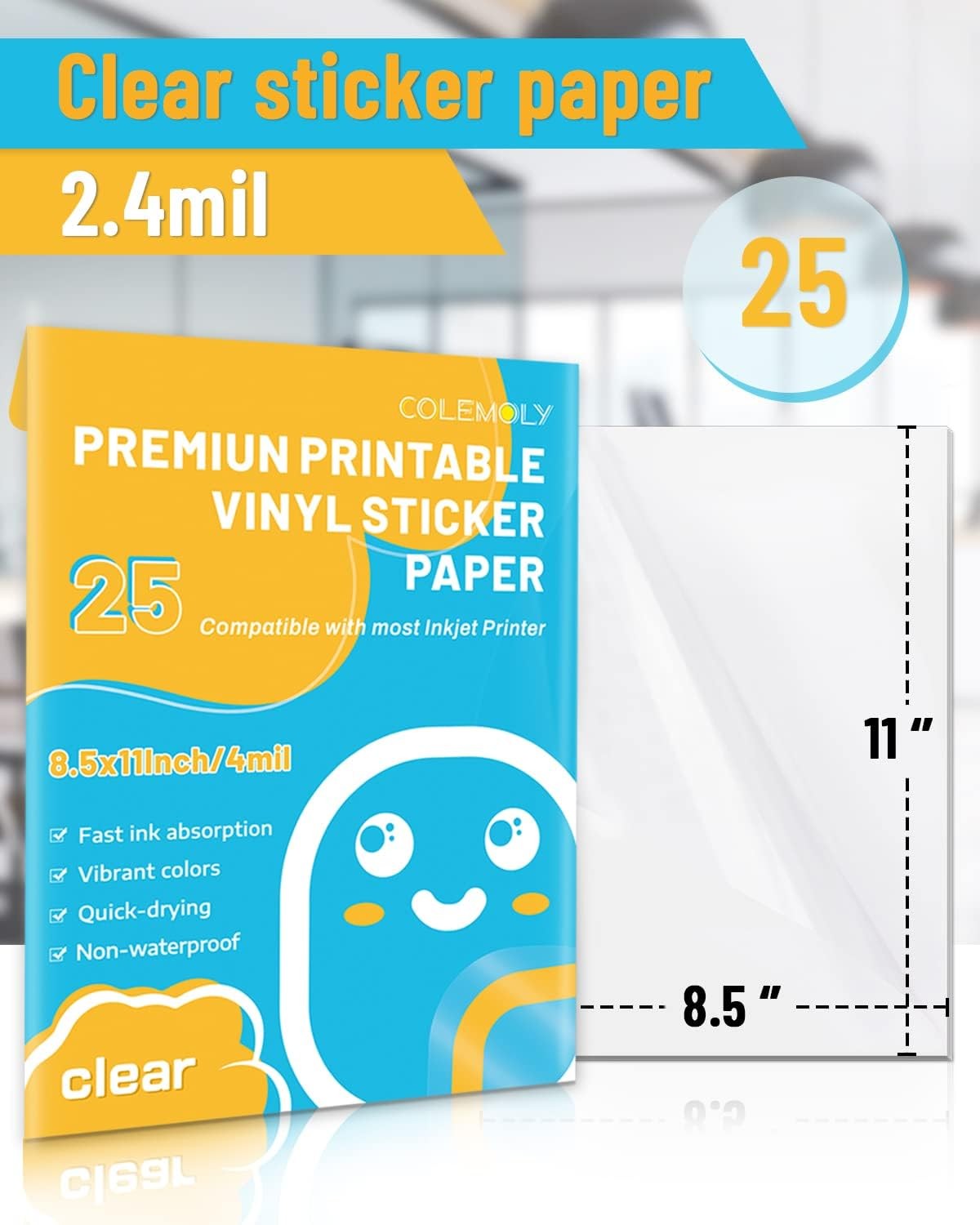 Clear Printable Vinyl Sticker Paper for Inkjet Printer, 25 Sheets