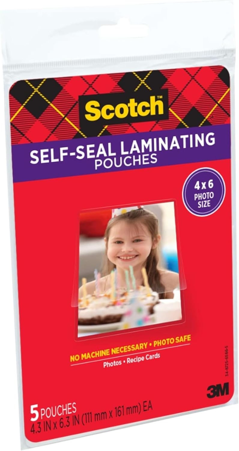 Self-Sealing Laminating Pouches, Gloss Finish, Photo Size 4 x 6 Inches, 5/Pack