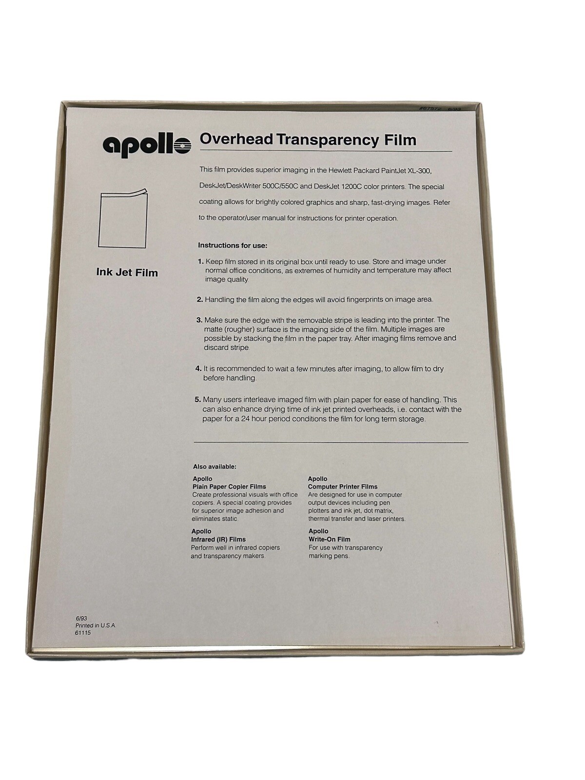 APOLLO Transparency Film For Ink Jet Printers 34 Sheets NEW Open Box