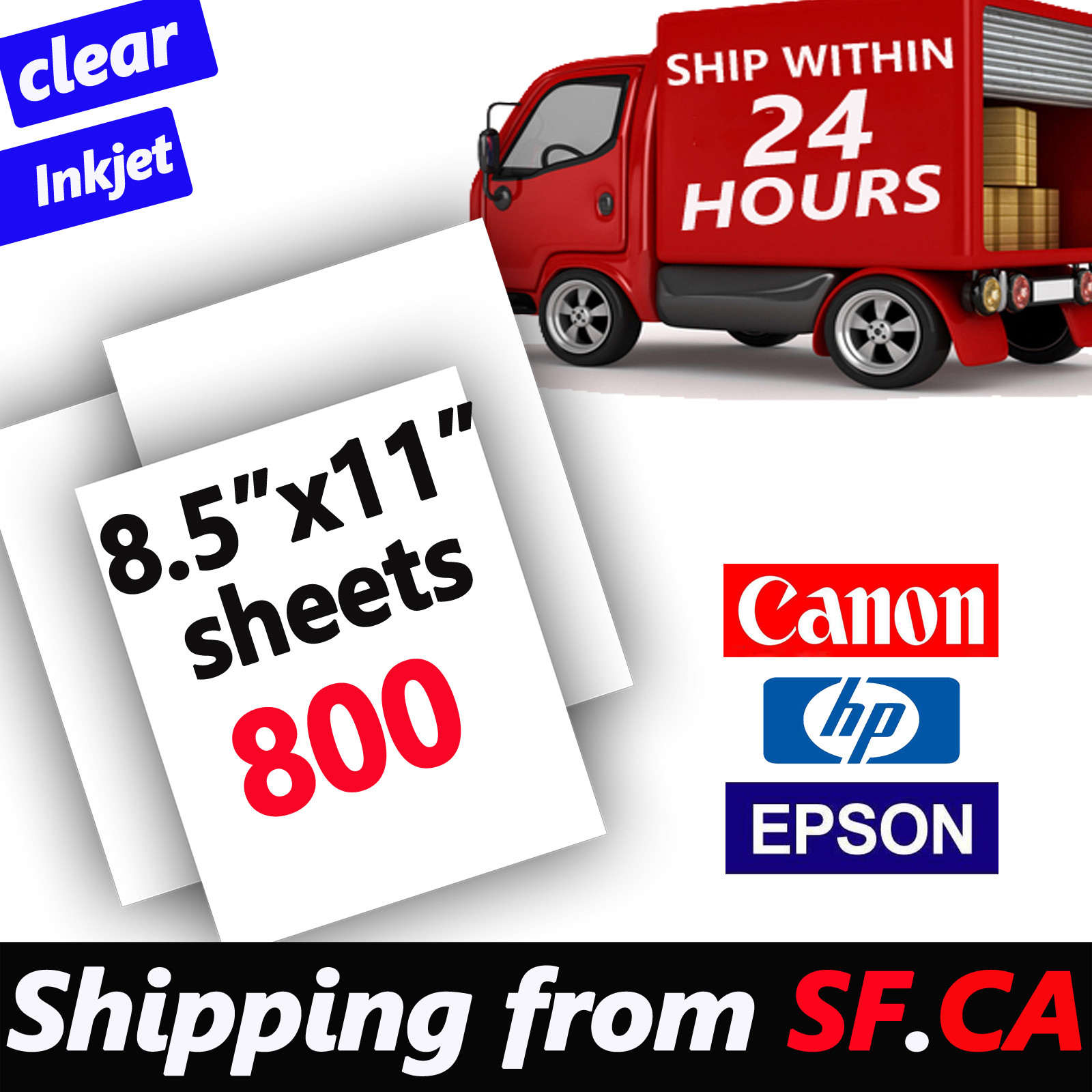 8.5″x11″，800 sheets，Premium Waterproof Quick Dry Milky Inkjet Transparency Film