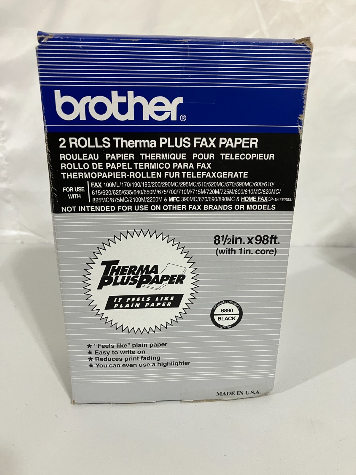 Brother 6890 Thermal Plus Fax Paper, 8-1/2 in x 98 ft, 1-in Core