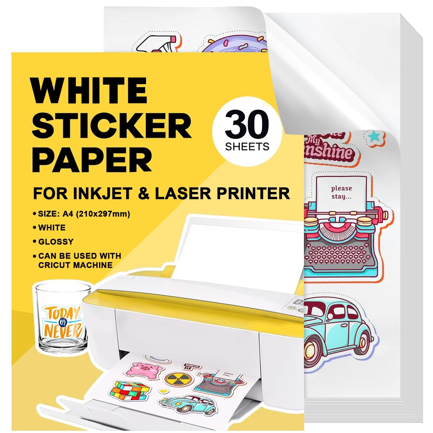 Sticker paper paper for printing 30pcs A4 white waterproof printable adhesive…