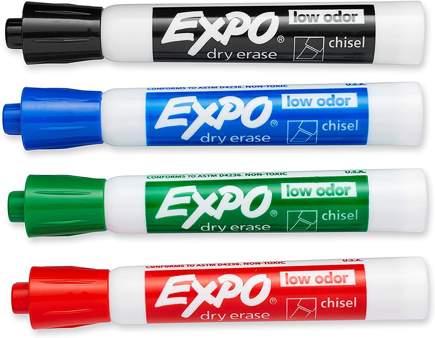 Expo Low Odor Dry Erase Marker, Broad Chisel Tip, Assorted Colors, 4-Count