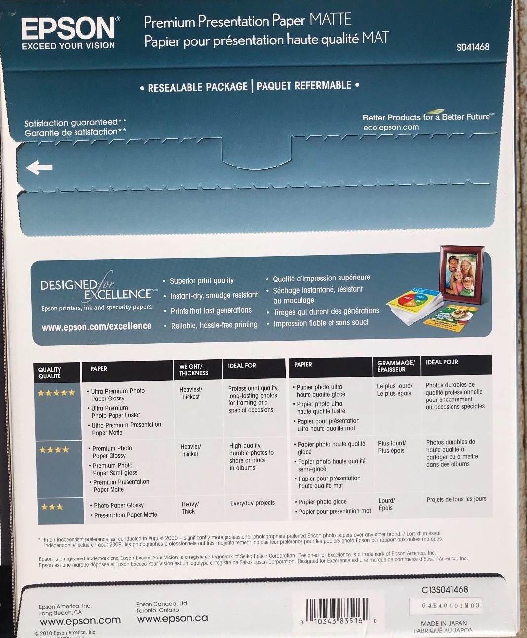 Epson – S041468 – Premium Matte Presentation Paper, 45 lbs., 11 x 14, 50 Sheets